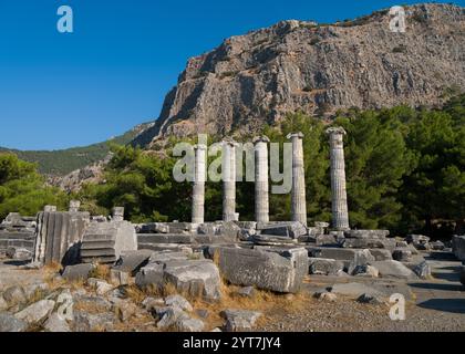 Die Ruinen des Tempels von Athena bei den Ruinen von Priene. Dorf Gullubahce, Bezirk Soke, Provinz Aydin, Türkei Stockfoto