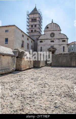 Römisch-katholische Kirche St. Donatus aus byzantinischer Zeit im historischen Zentrum einer Altstadt am Mittelmeer. Alte runde Kirche aus weißem Stein, Donatus von Zadar, Dalmatien, Kroatien Stockfoto