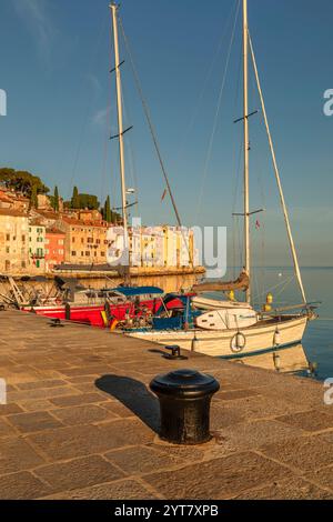 Segelboote am alten Hafen in der Altstadt, Rovinj, Istrien, Kroatien Stockfoto
