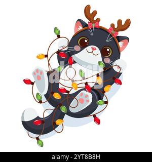 Vektor-Illustration einer verspielten schwarz-weißen Karikaturkatze, die in bunten Weihnachtslichtern verwickelt ist Stock Vektor