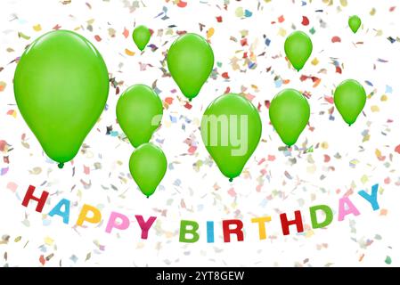 Geburtstag, Happy Birthday Schriftzug, Girlande und Dekoration Stockfoto