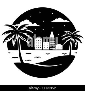 Destin Florida Coastal Beach Vector Art Illustration Design atemberaubende Küstenlandschaft, Ozeanwellen und tropische Palmen. Stock Vektor