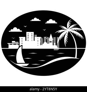 Destin Florida Coastal Beach Vector Art Illustration Design atemberaubende Küstenlandschaft, Ozeanwellen und tropische Palmen. Stock Vektor