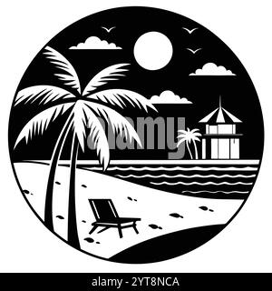 Destin Florida Coastal Beach Vector Art Illustration Design atemberaubende Küstenlandschaft, Ozeanwellen und tropische Palmen. Stock Vektor