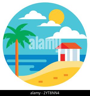 Destin Florida Coastal Beach Vector Art Illustration Design atemberaubende Küstenlandschaft, Ozeanwellen und tropische Palmen. Stock Vektor