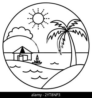 Destin Florida Coastal Beach Vector Art Illustration Design atemberaubende Küstenlandschaft, Ozeanwellen und tropische Palmen. Stock Vektor