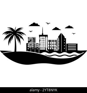 Destin Florida Coastal Beach Vector Art Illustration Design atemberaubende Küstenlandschaft, Ozeanwellen und tropische Palmen. Stock Vektor