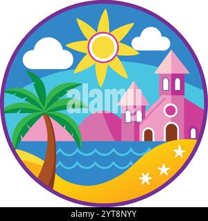 Destin Florida Coastal Beach Vector Art Illustration Design atemberaubende Küstenlandschaft, Ozeanwellen und tropische Palmen. Stock Vektor