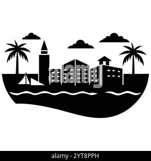 Destin Florida Coastal Beach Vector Art Illustration Design atemberaubende Küstenlandschaft, Ozeanwellen und tropische Palmen. Stock Vektor