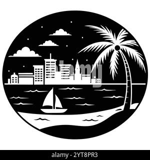 Destin Florida Coastal Beach Vector Art Illustration Design atemberaubende Küstenlandschaft, Ozeanwellen und tropische Palmen. Stock Vektor