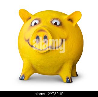 Die Figur eines lustigen gelben Schweins, von mir gemacht, in weißem Rücken mit Schatten Stockfoto