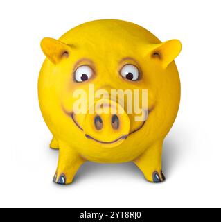 Die Figur eines lustigen gelben Schweins, von mir gemacht, in weißem Rücken mit Schatten Stockfoto