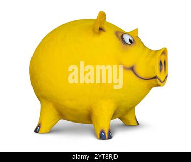 Die Figur eines lustigen gelben Schweins, von mir gemacht, in weißem Rücken mit Schatten Stockfoto