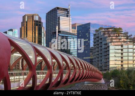 Peace Bridge, eine Fußgängerbrücke, die den Bow River in Calgary, Alberta, vor der modernen Skyline in der Dämmerung überquert Stockfoto