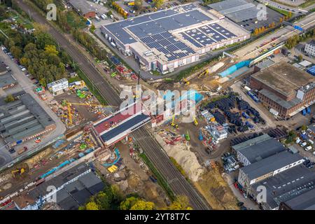 Luftaufnahme, vollständige Sperrung der Autobahn A40 beim neuen Ersatz- und Brückenbau der Schlachthofbrücke über die Gleise des Schlachthofes, Stockfoto