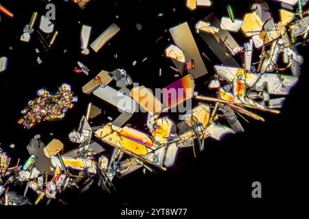 Mikroskopische Aufnahme mit bunten Mikrokristallen in polarisiertem Licht Stockfoto