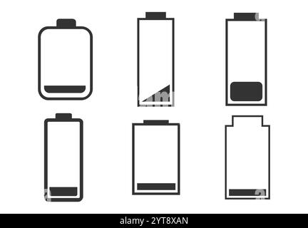 Ein Satz von Batterien mit Anzeige für niedrigen Ladestand. Vektorabbildung Stock Vektor