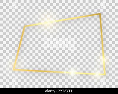 Goldglänzender rechteckiger Rahmen mit leuchtenden Effekten und Schatten auf transparentem Hintergrund. Vektorabbildung Stock Vektor