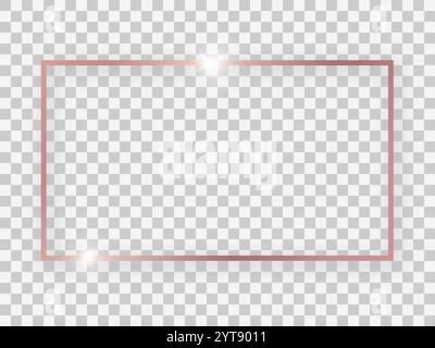 Glänzender rechteckiger 16x9-Rahmen aus Roségold mit leuchtenden Effekten und Schatten auf transparentem Hintergrund. Vektorabbildung Stock Vektor