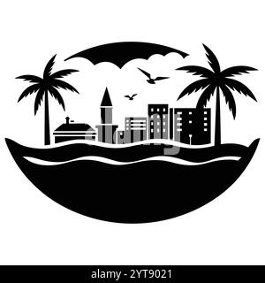 Destin Florida Coastal Beach Vector Art Illustration Design atemberaubende Küstenlandschaft, Ozeanwellen und tropische Palmen. Stock Vektor