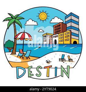 Destin Florida Coastal Beach Vector Art Illustration Design atemberaubende Küstenlandschaft, Ozeanwellen und tropische Palmen. Stock Vektor