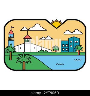 Destin Florida Coastal Beach Vector Art Illustration Design atemberaubende Küstenlandschaft, Ozeanwellen und tropische Palmen. Stock Vektor