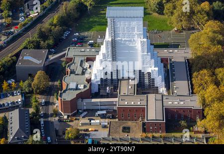 Blick aus der Luft, Deutsches Bergbaumuseum Bochum mit Baustelle und Renovierung des überdachten Wendeturms, Wahrzeichen und Sehenswürdigkeiten, Hofstede, Bochum, Ruh Stockfoto