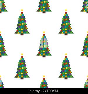 Nahtloses Muster mit Weihnachtsbaum mit Weihnachtskugeln und einem Stern auf der Oberseite. Vektorabbildung. Stock Vektor