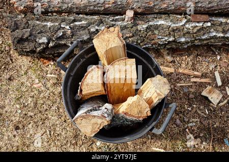 Brennholzhaufen. Vorbereitung von Brennholz für den Winter. Holz schneiden, selektiver Fokus, unscharfer Hintergrund Stockfoto