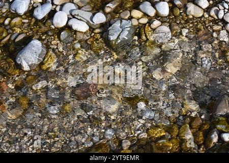 Wasser fließt über die Kieselsteine auf einem Kiesufer der Isar Stockfoto