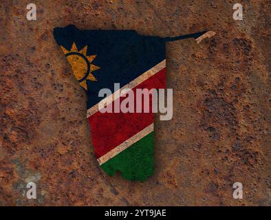 Karte und Flagge von Namibia auf rostigen Metall Stockfoto