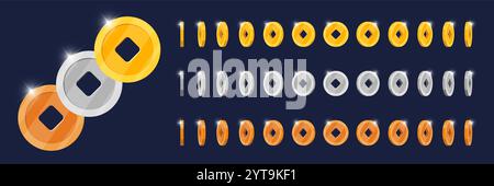 Rotierende Gold-, Silber-, Bronze-Videospiel-Münzen animierte Bewegung. Chinesisches Glückssymbol mit quadratischem Loch, das sich in wechselnden Winkeln dreht. Spinning Metal Fortune Icon. Animationsstil für flache 3D-Währung Stock Vektor