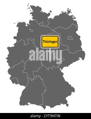 Karte von Deutschland mit Ortszeichen von Thüringen Stockfoto