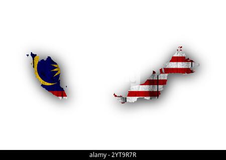 Karte und Flagge von Malaysia auf verwittertem Holz Stockfoto