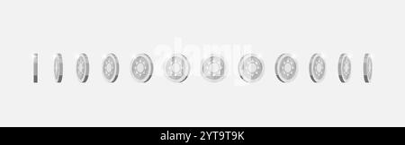 Silbermünzen drehen sich in verschiedene Richtungen für Videospiel-Animation. Die metallische Währung mit dem antiken Sonnendesign dreht sich dynamisch. Leistungssymbol in Bewegung. Flaches 3D-Asset für Gaming-Grafik Stock Vektor