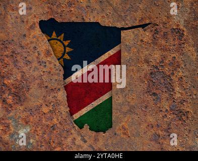 Karte und Flagge von Namibia auf rostigen Metall Stockfoto