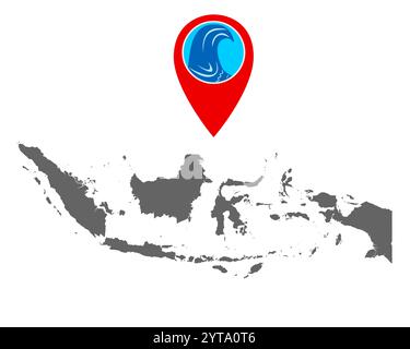 Karte von Indonesien und Pin mit Tsunami-Warnung Stockfoto