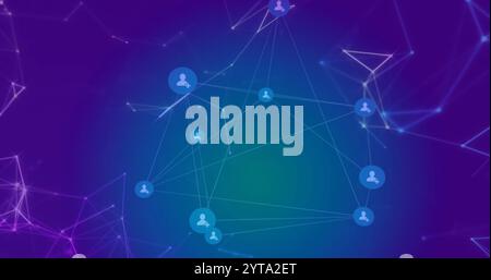 Abbildung des Netzwerks von Verbindungen mit Symbolen auf blauem Hintergrund Stockfoto