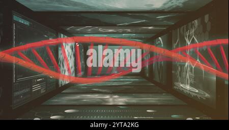 Rote DNA-Strangbilder über wissenschaftlichen Daten und holographischen Bildern im futuristischen Labor Stockfoto