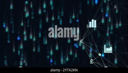 Binärer Code und Finanzsymbole werden über dunklem Hintergrund mit vertikalen Linien dargestellt Stockfoto