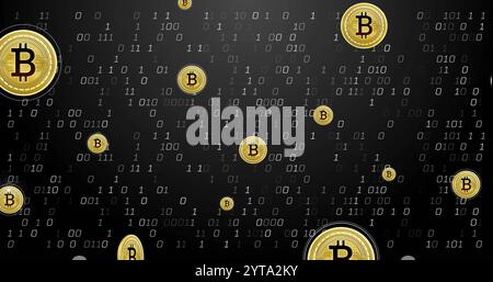 Bitcoin-Symbole mit Binärcode-Bild über dunklem Hintergrund Stockfoto