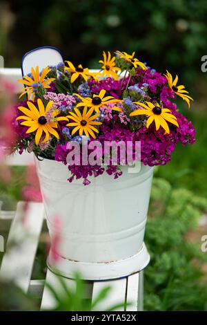 Sommerblumen auf einer Gartenbank Stockfoto