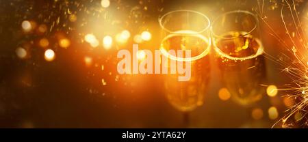 Silvester Champagner mit Feuerwerk im Hintergrund für Neujahrs Grüße Stockfoto