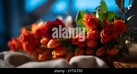 Romantisches Blumenstillleben mit roten Rosen und Tulpen. Hintergrund mit kurzer Schärfentiefe. Konzept für Hochzeit und valentinstag. Stockfoto