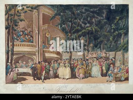 Ein Farbstich von Vauxhall Gardens London. Aquarellätzung auf Papier im 19. Jahrhundert von Thomas Rowlandson, antikes Druckkunstwerk Stockfoto