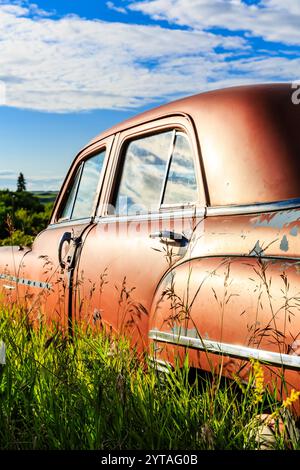 Ein altes, rostiges Auto steht auf einem Feld mit hohem Gras. Das Fahrzeug ist mit Schmutz bedeckt und hat eine verblasste rote Farbe. Nostalgiekonzept und Beingefühl Stockfoto