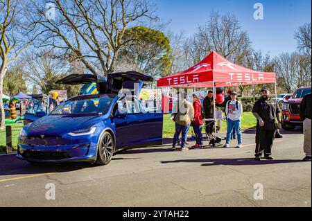 Tesla Werbefahrzeug Model X mit Falkentüren und Vordach beim jährlichen Neujahrsfest (Tet in vietnamesischer Kultur). Stockfoto