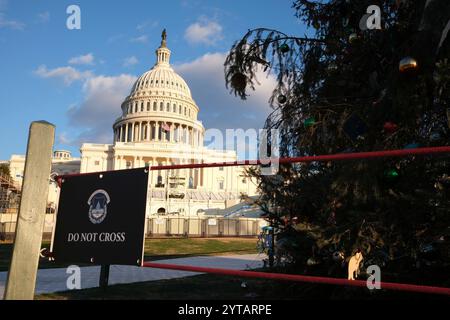 Der Weihnachtsbaum des Kapitols wird am 6. Dezember 2024 vor dem US-Kapitol in Washington, DC, gesehen. Der 2024-Baum ist eine 80 Meter hohe Sitka-Fichte aus der Wrangell District Region im Tongass National Forest in Alaska. Die Beleuchtung des Baumes außerhalb des Kapitols der USA ist eine 60-jährige Tradition, die sowohl Mitarbeiter von Hill als auch Besucher in den District bringt. Stockfoto