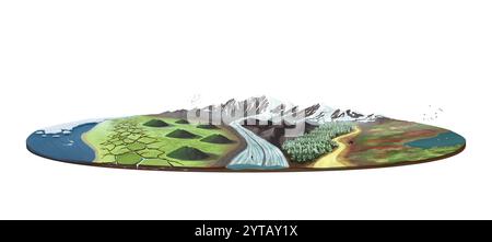 Darstellung von Permafrostumgebungen. Die Landschaft zeigt sieben Permafrostbiome und Probenbodenprofile. Stockfoto