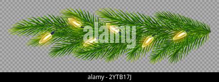 Realistische Weihnachtsgirlande mit leuchtenden Lichtern auf Tannenzweig auf transparentem Hintergrund. Für festliche Feierlichkeiten, Feiertagsbanner, Neujahr, Weihnachten Stock Vektor